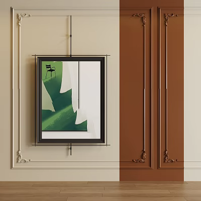 Modern Abstract Painting With Green White Shapes In Black Frame On Beige Brown Wall 3d model
