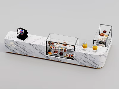 Modern Marble Counter Reception Desk With Glass Display Cases Pastries Drinks And POS Machine 3d model