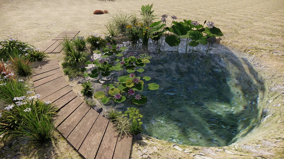 Natural Garden Landscape With Pond Water Lilies Wooden Walkway And Green Plants 3d model 