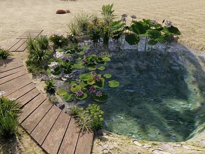 Natural Garden Landscape With Pond Water Lilies Wooden Walkway And Green Plants 3d model
