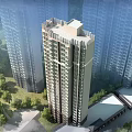 Modern High Rise Residential Building With Architectural Design Surrounded By Greenery And Nearby Buildings