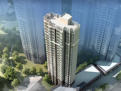 Modern High Rise Residential Building With Architectural Design Surrounded By Greenery And Nearby Buildings 3d model