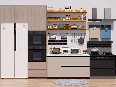 Modern Kitchen With Cabinets Refrigerator Oven Shelves Cookware And Appliances 3d model