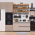 Modern Kitchen With Cabinets Refrigerator Oven Shelves Cookware And Appliances