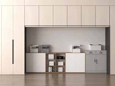 Modern Office Setting With White Cabinets Printers Storage Cabinets And Office Appliances 3d model
