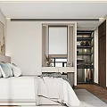 Modern Bedroom Interior With Curved Ceiling Striped Headboard Wall Portrait Painting Nightstands Pillows And Rug