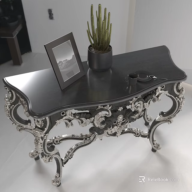 Elegant Black Accent Table With Silver Ornate Carved Legs Photo Frame And Cactus Plant 3d model 