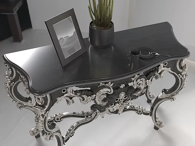 Elegant Black Accent Table With Silver Ornate Carved Legs Photo Frame And Cactus Plant 3d model