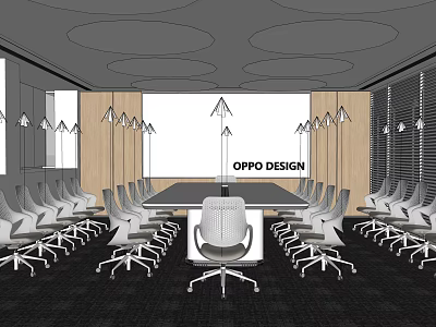 Modern Conference Room With Long Meeting Table White Office Chairs And Pendant Lights 3d model