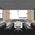 Modern Conference Room With Long Meeting Table White Office Chairs And Pendant Lights