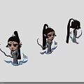 Cartoon Style Game Movie Female Character With Long Black Hair Hair Accessory Blue Watery Elements Various Angles