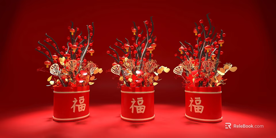 Red Vases With Fu Characters And Festive Red Berries Golden Decorative Branches 3d model 