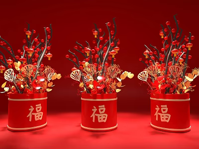 Red Vases With Fu Characters And Festive Red Berries Golden Decorative Branches 3d model