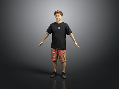 A Man in Black T shirt Red Patterned Shorts with Arms Outstretched Against Gray Background 3d model