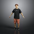 A Man in Black T shirt Red Patterned Shorts with Arms Outstretched Against Gray Background