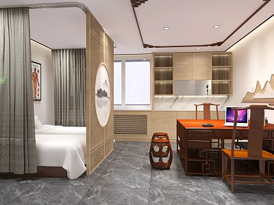 Elegant Chinese Modern Room Interior Featuring Bed Screen Wooden Desk And Decorative Elements 3d model