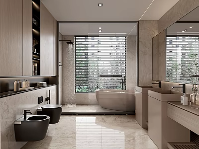 Modern Bathroom Interior Design With Double Sinks Bathtub Window Blinds And Marble Tiles 3d model