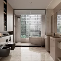 Modern Bathroom Interior Design With Double Sinks Bathtub Window Blinds And Marble Tiles