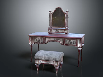 Ornate Vintage Dressing Table with Decorative Mirror and Carved Details and Matching Upholstered Stool 3d model