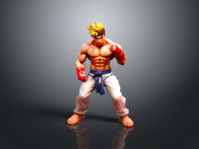 3D Action Figure Model With Blonde Spiky Hair Red Gloves Blue Belt And White Pants 3d model
