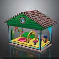 Small Colorful House with Green Exterior Pink Tiled Roof Transparent Windows and Playful Interior