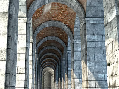 Garden Landscape With Stone Archway Corridor And Brick Vaulted Ceiling Design 3d model
