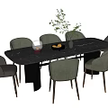 Modern Dining Table Set with Marble Top Brown Green Upholstered Chairs Vase and Fruit Bowl