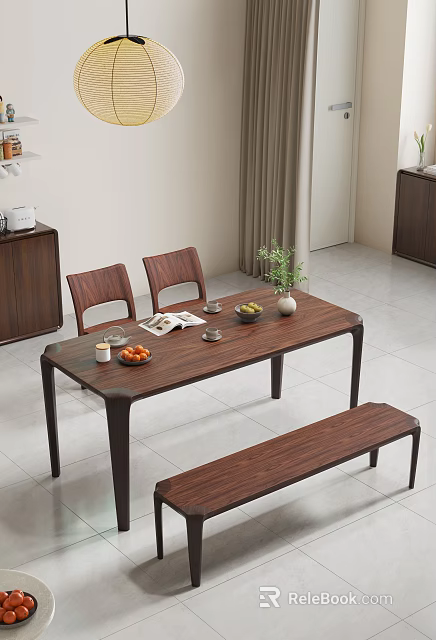 Wooden Modern Dining Table Set with Chairs Bench Fruits Magazine Candle and Potted Plant 3d model 