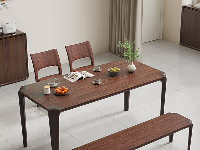 Wooden Modern Dining Table Set with Chairs Bench Fruits Magazine Candle and Potted Plant 3d model