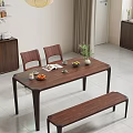 Wooden Modern Dining Table Set with Chairs Bench Fruits Magazine Candle and Potted Plant