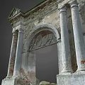 Classical Style Weathered Stone Entrance Gate with Columns Arched Doorway and Green Roof