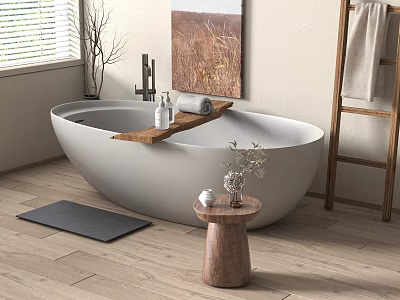 Modern Oval Freestanding Bathtub With Wooden Shelf Toiletries Wooden Stool And Black Bath Mat 3d model