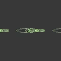 Three Colorful Decorative Weapons with Brown Green Purple Handles and Unique Arrowhead Designs