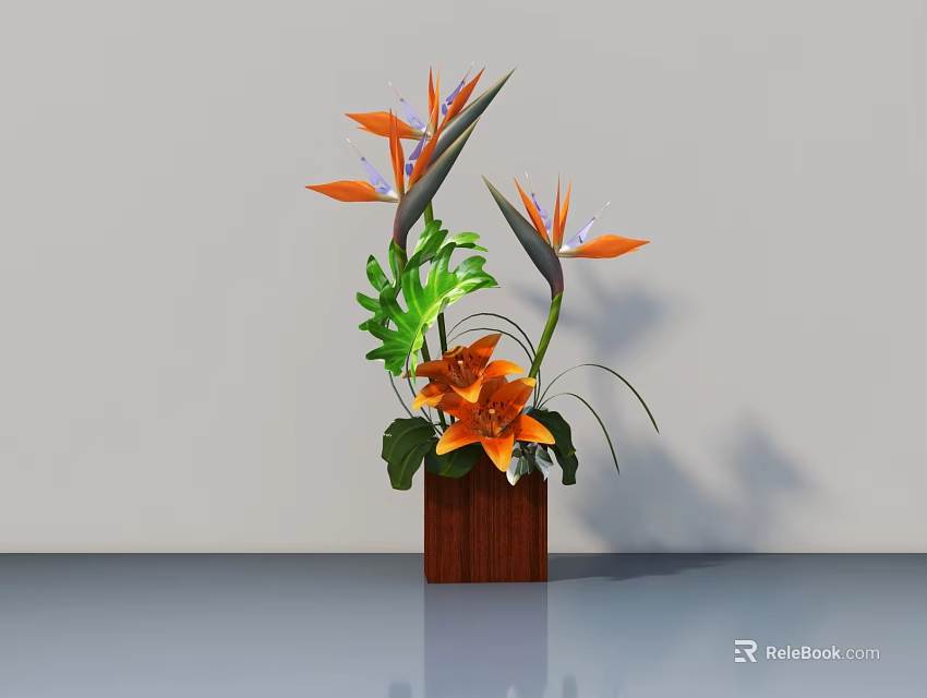 Elegant Bonsai Plant With Orange Flowers And Green Leaves In Wooden Pot On Light Surface 3d model 