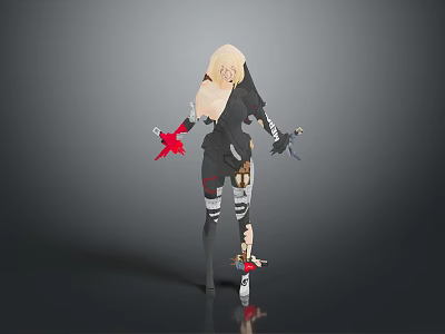 Futuristic Game and Movie Character with Blonde Hair Black Outfit Red Accents and Mechanical Legs 3d model