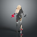 Futuristic Game and Movie Character with Blonde Hair Black Outfit Red Accents and Mechanical Legs