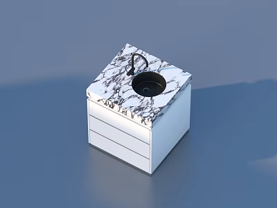 White Square Cabinet With Marble Countertop Black Round Sink And Faucet Drawers 3d model