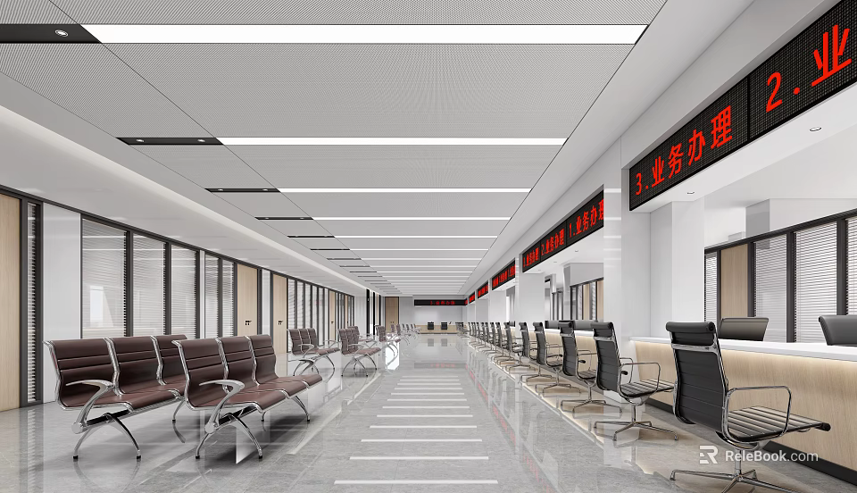 Spacious Service Hall Interior With Seating And Counters 3d model 