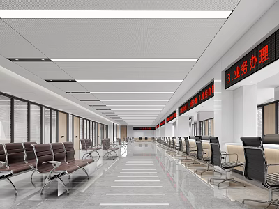 Spacious Service Hall Interior With Seating And Counters 3d model