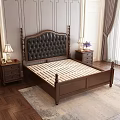 Dark Brown Leather Tufted Double Bed With Carved Headboard And Bedside Table Lamps