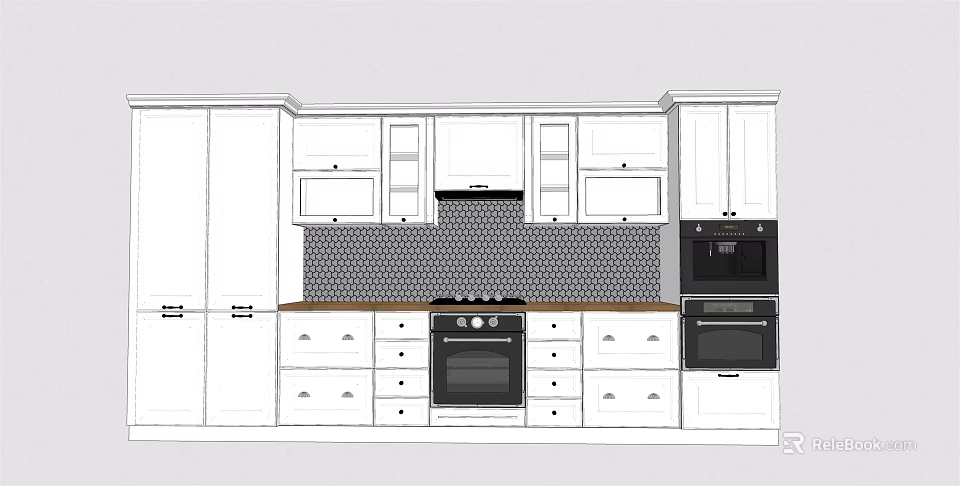 White Kitchen Design With Upper Lower Cabinets Hexagon Tile Backsplash And Oven 3d model