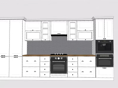 White Kitchen Design With Upper Lower Cabinets Hexagon Tile Backsplash And Oven 3d model