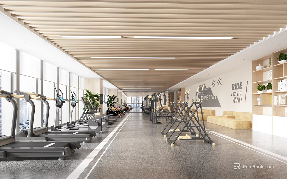 Spacious Modern Gym Interior With Treadmills Fitness Equipment And Plants 3d model 