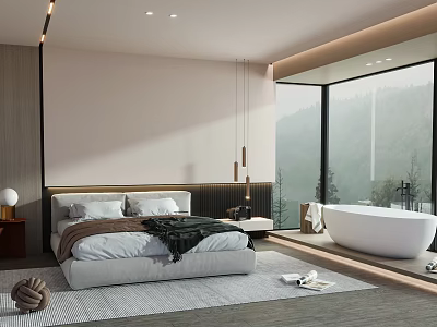 Modern Bedroom Interior Design With Comfortable Bed Nightstand And Floor To Ceiling Windows 3d model