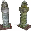 Vintage Stone Pillars With Spiral Design Decorative Tops And Red Brick Bases