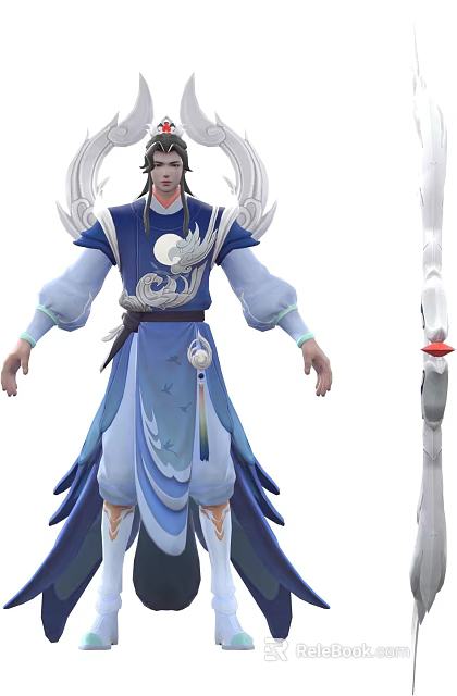 Game Character In Traditional Blue White Outfit With Patterns And Weapon 3d model 