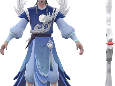 Game Character In Traditional Blue White Outfit With Patterns And Weapon 3d model