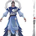Game Character In Traditional Blue White Outfit With Patterns And Weapon