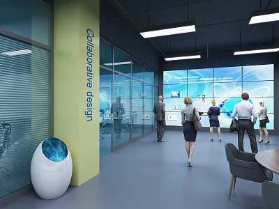 Modern Elevator Hallway Design With Glass Walls Large Screen Egg Shaped Decor And Collaborative Signage 3d model