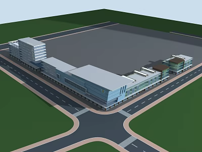 Modern Commercial Street With Multi Story Buildings Road Intersection And Open Space 3d model